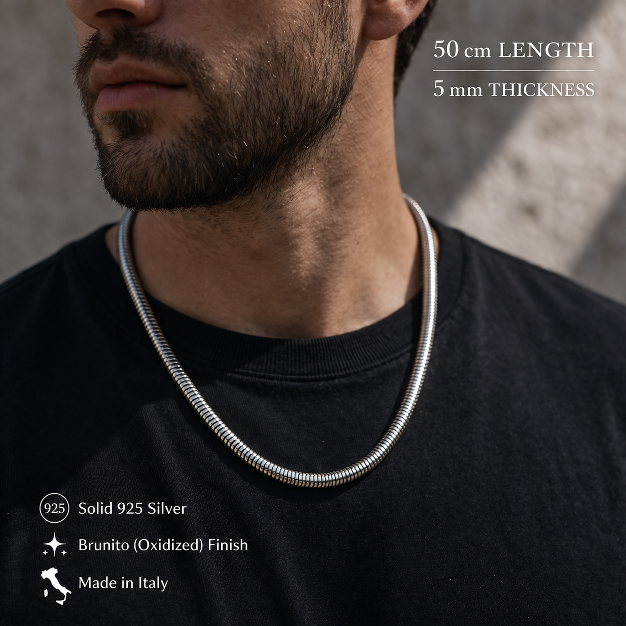 collana snake uomo argento 925 indossata catena spessa 5 mm stile minimal moderno