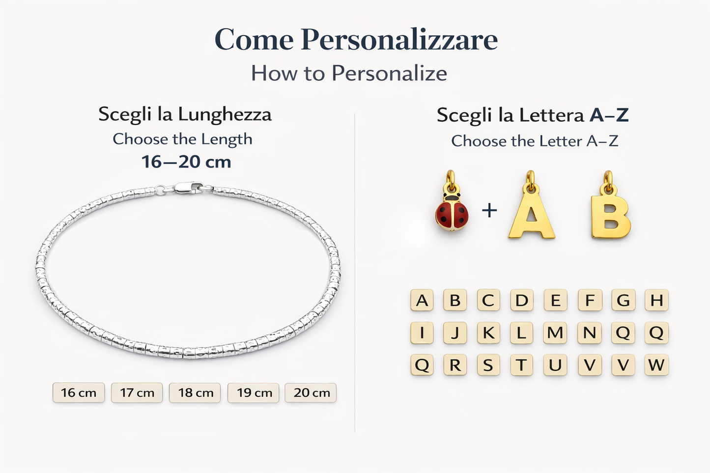 personalizzazione bracciale mini granelli portafortuna scegli lunghezza e seleziona lettera iniziale mamma o bambino