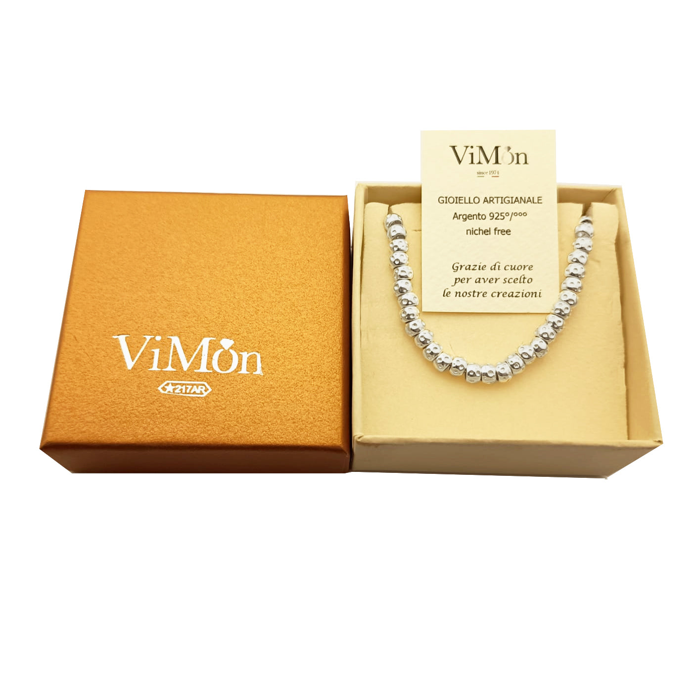 Bracciale a rondelle e granelli in argento 925 fatto a mano, gioiello artigianale italiano con certificato di autenticità ViMon