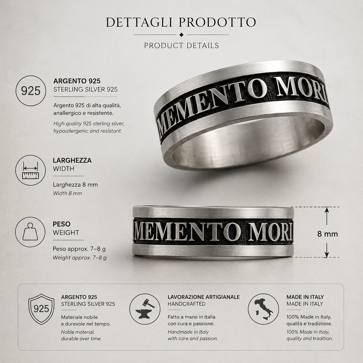 Dettagli anello Memento Mori da uomo in argento 925, larghezza 8 mm e peso circa 7-8 g