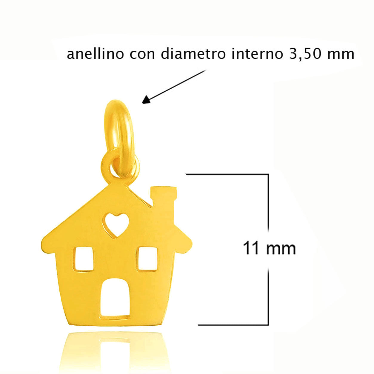 Charm casetta con cuore 11 mm con anellino interno 3,50 mm in argento 925 placcato oro giallo