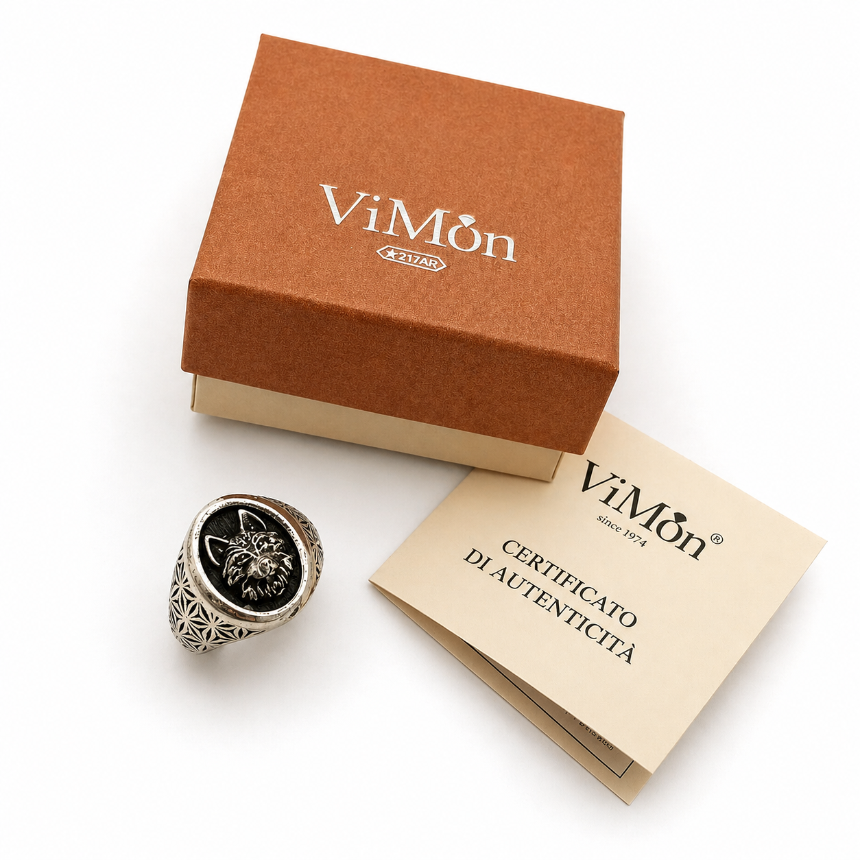 packaging scatolo e certificato vimon gioieeli anello lupo argento 925