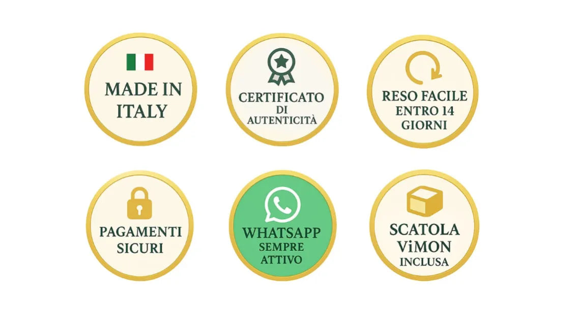 Icone servizi e garanzie ViMon: made in Italy, certificato di autenticità, reso facile 14 giorni, pagamenti sicuri, assistenza WhatsApp attiva, scatola regalo inclusa