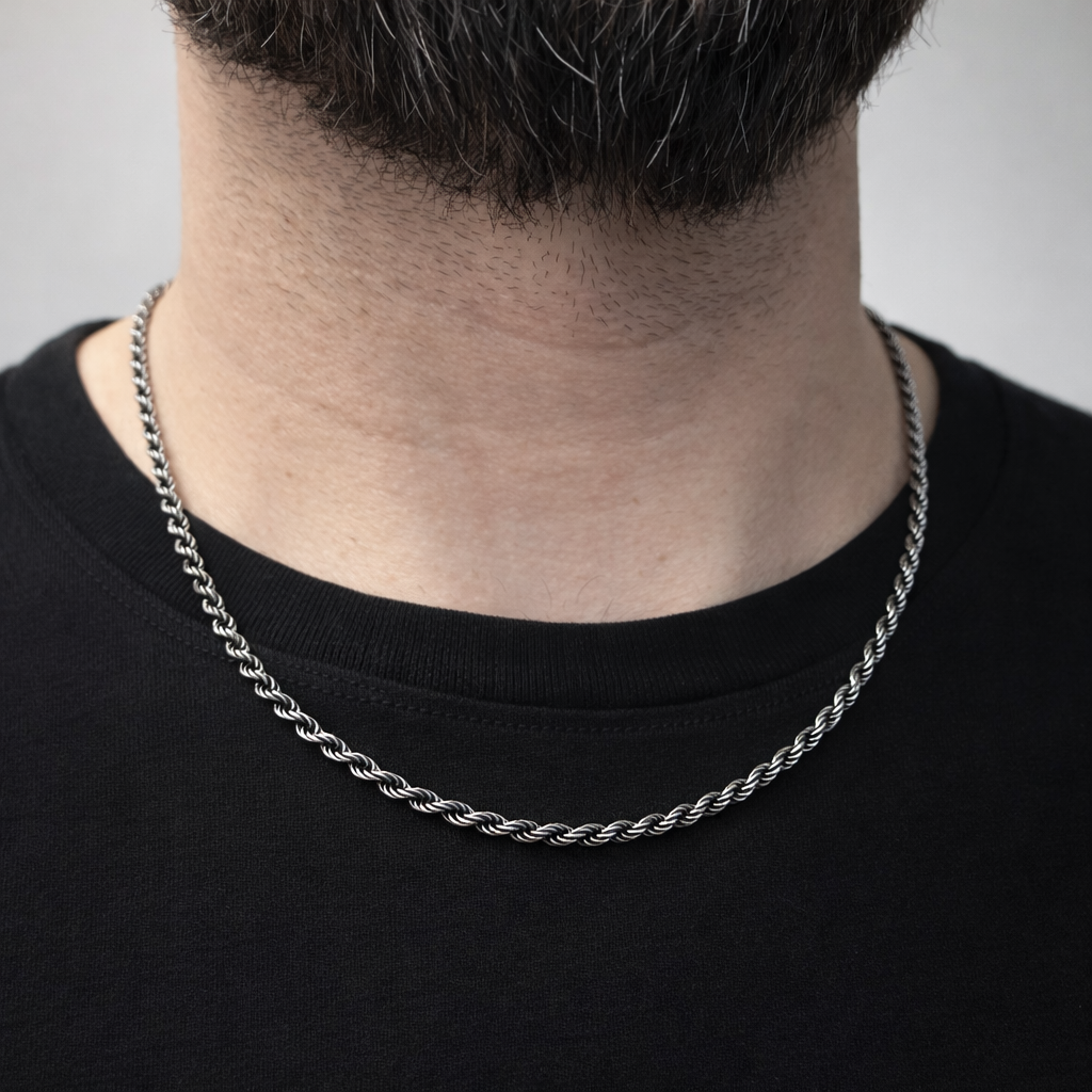collana corda argento 925 uomo indossata catena 3 mm stile minimal