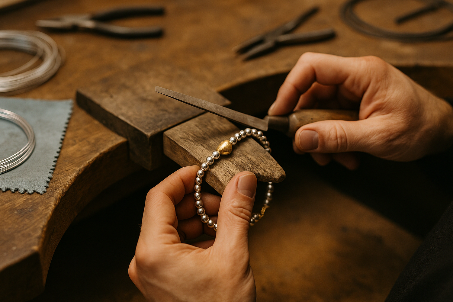 artigiano lavora bracciale in argento nel laboratorio ViMon gioielli