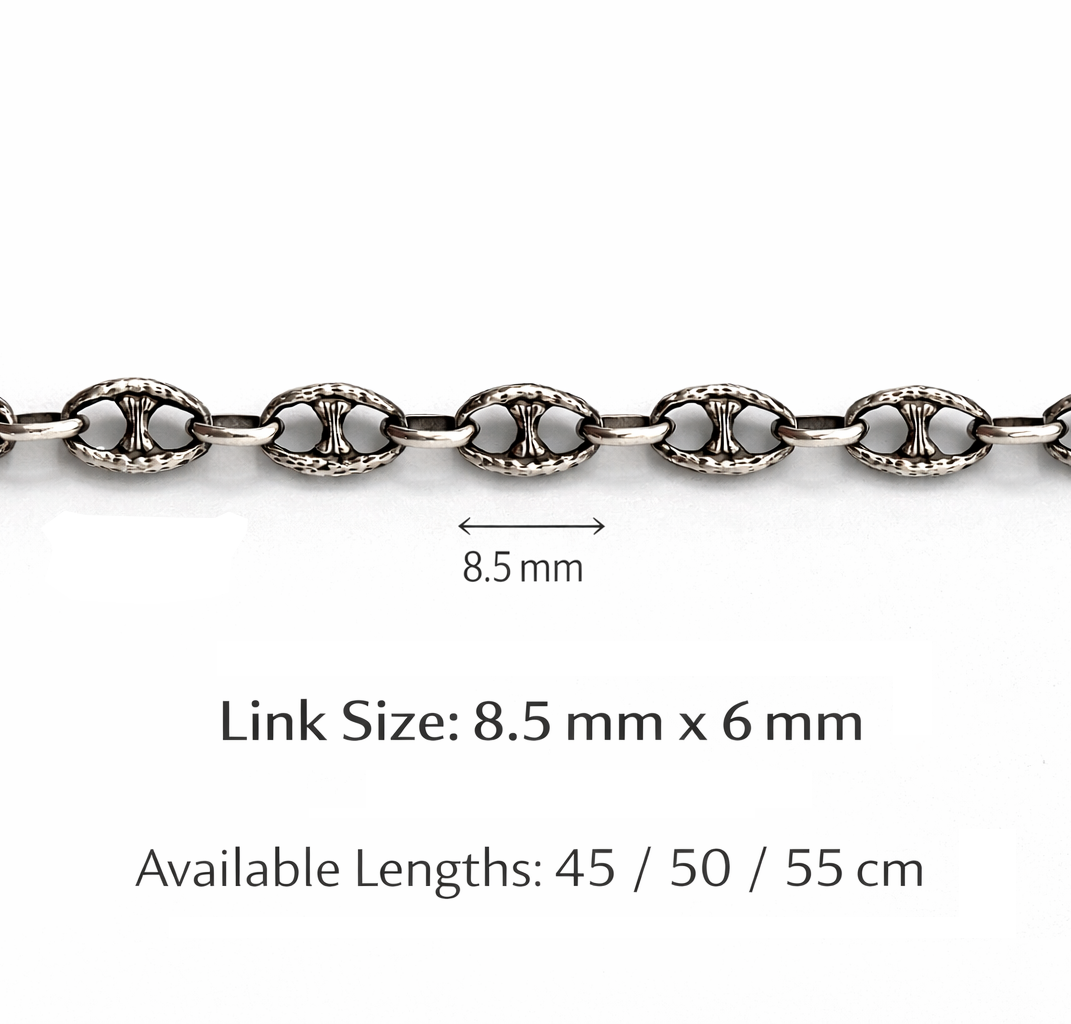 Dimensioni collana maglia marina uomo argento 925 8,5 x 6 mm lunghezze 45 50 55 cm