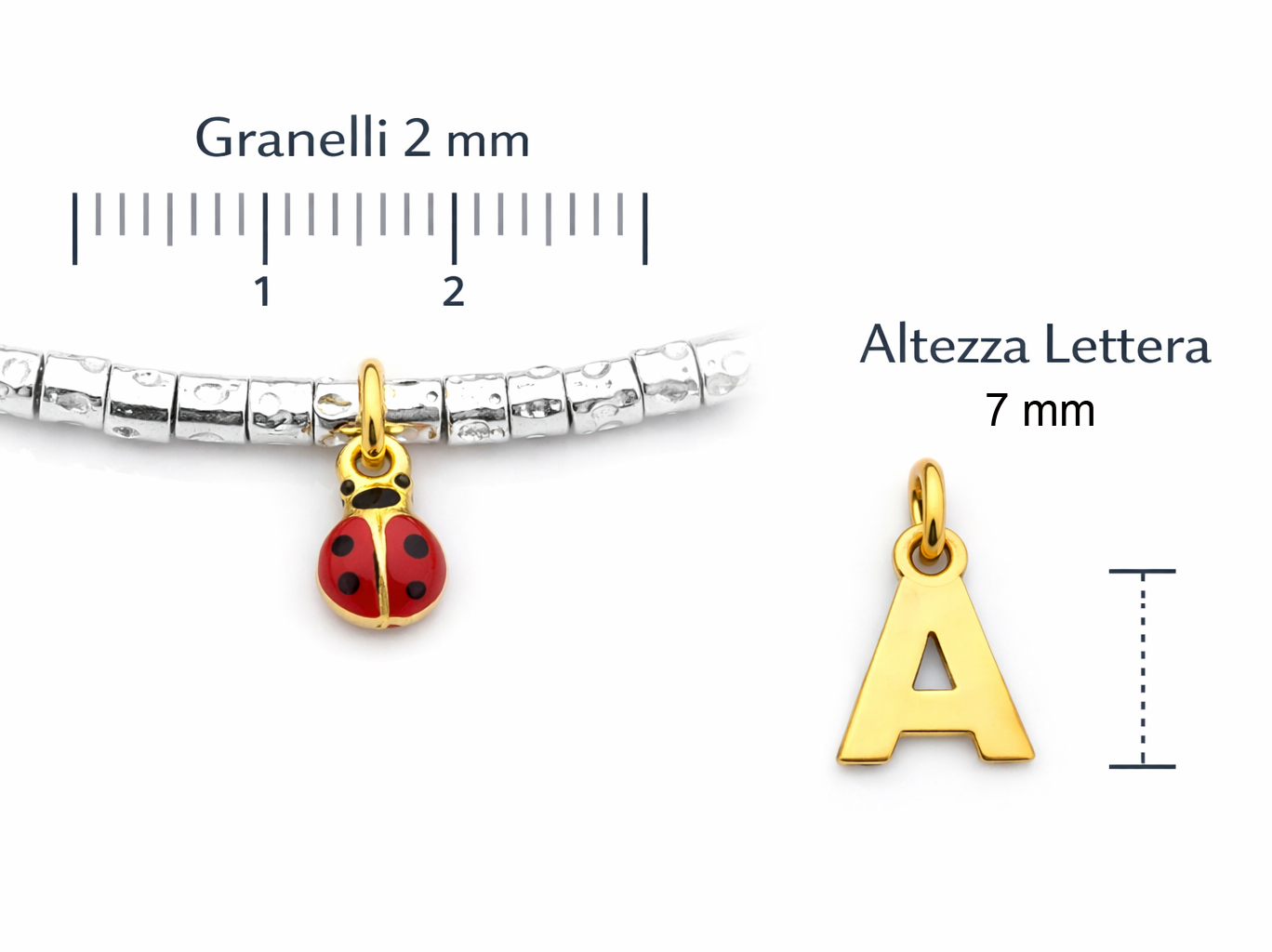 bracciale mini granelli diametro 2mm con ciondolo coccinella smaltata e lettera altezza 7 mm 