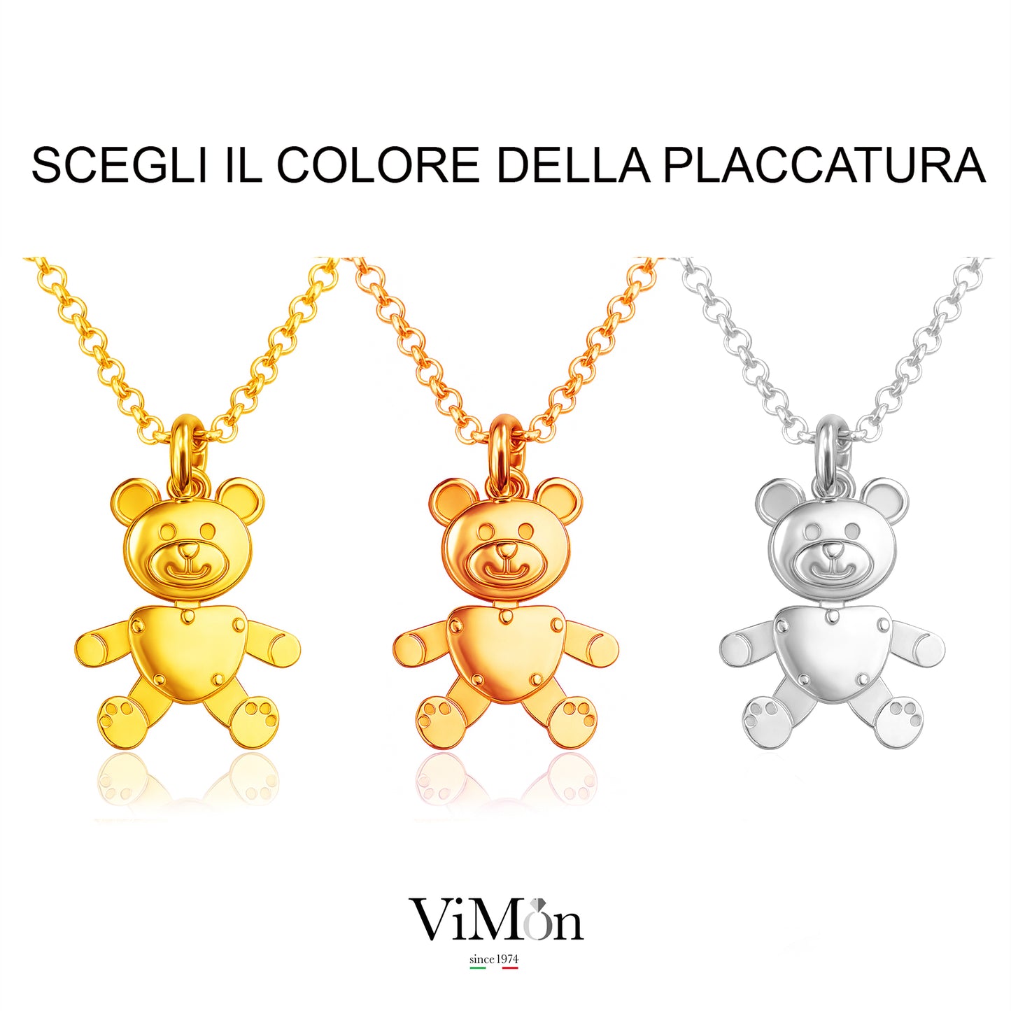collana con ciondolo orsetto teddy movibile coloro placcatura oro giallo rosa rosè argento