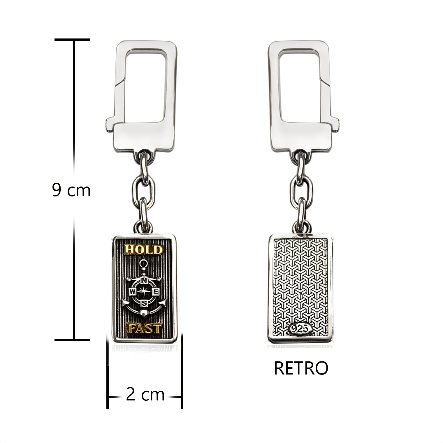 Portachiavi uomo in argento 925 con ancora Hold Fast, misure 9 cm per 2 cm, fronte e retro