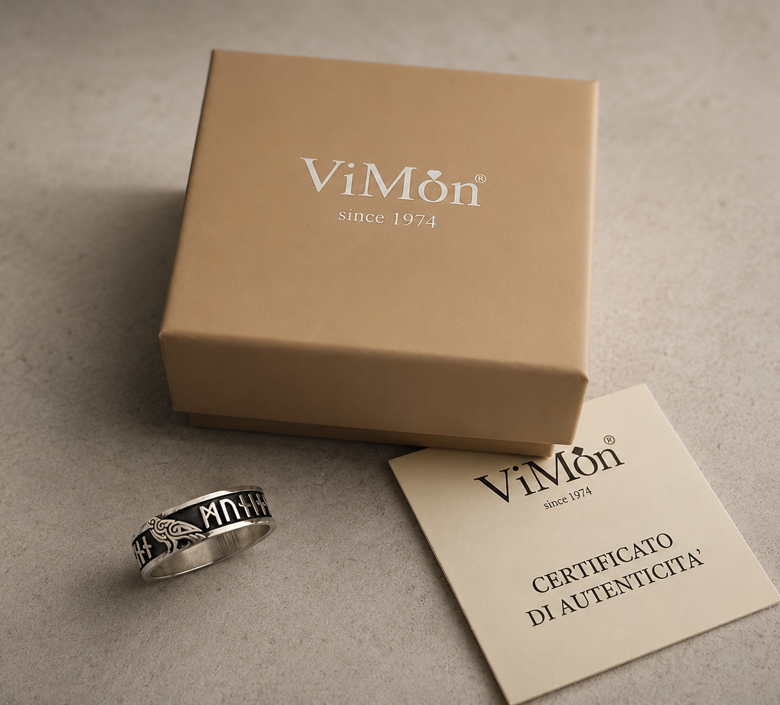 scatola vimon con certificato autanticita e anello a fascia uomo argento stile vichingo corvi di odino 
