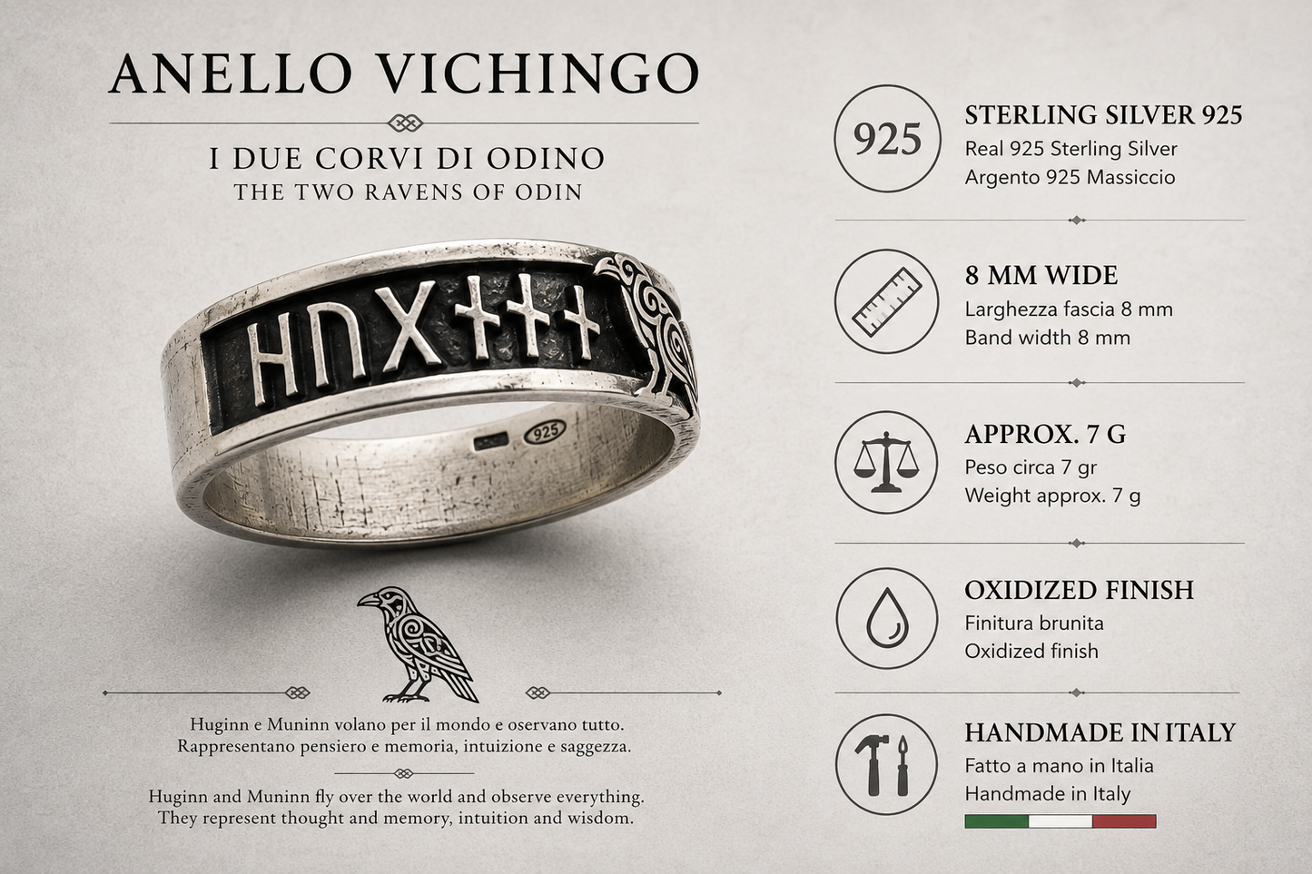 anello artigianale uomo argento stile vichingo corvo odino 