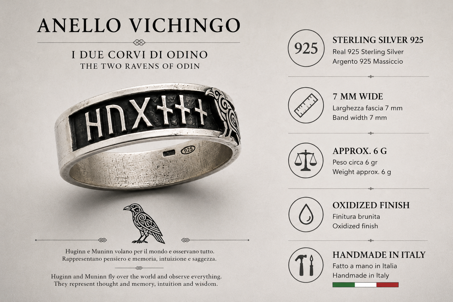 Anello Vichingo Uomo in Argento 925 – Corvi di Odino Huginn e Muninn