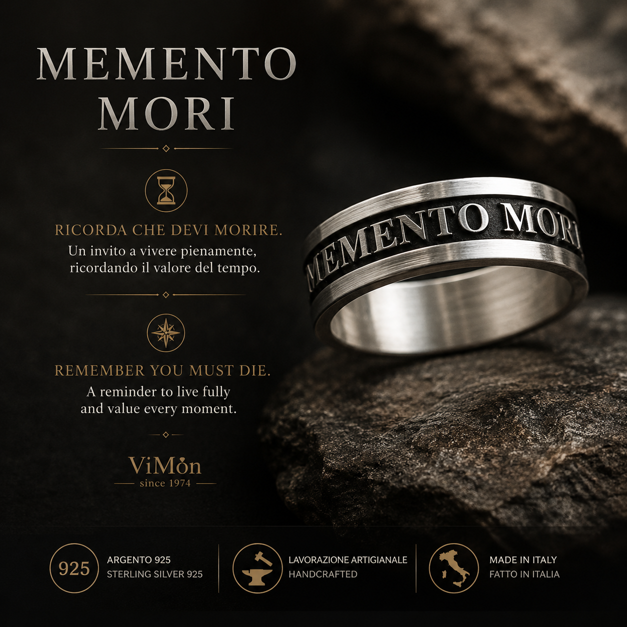 Dettagli anello Memento Mori da uomo in argento 925, larghezza 8 mm e peso circa 7-8 g