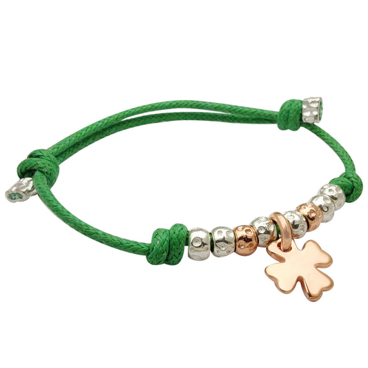 braccialino cordino cerato disponibile in vari colori verde rosso fucsia azzurro rosa con ciondolo rosato a forma di quadrifoglio porta fortuna tipo simil dodo mariani in argento idea regalo per nascita battesimo compleanno 