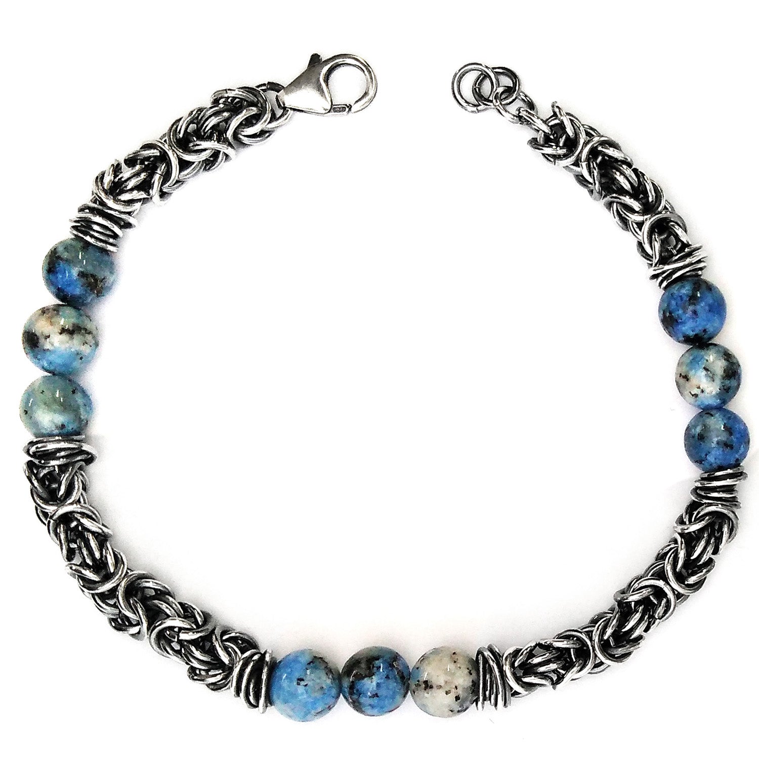 accessori uomo vendita online gioielli artigianali in argento 925 braccialetto catena bizantina e palline pietra sodalite blu azzurro prezzo conveniente scontato in offerta