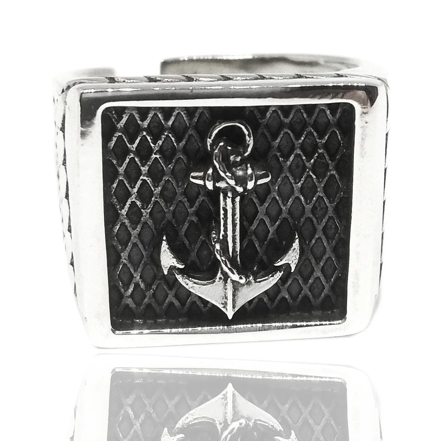       anello chevalier ancora Tono Nero opaco Ancoraggio barca vela nave corda anellino 17 24 marina sigillo stemma tatuaggio navigare pirati caraibi Jack Sparrow games of thrones harley fascia larga timone rosa dei venti anticato marchio indice medio anulare mignolo da pollice