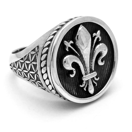 anello chevalier regolabile in argento nero antico con stemma sigillo giglio fiorentino firenze fiorentina viola stile rock punk metal tatoo tatuaggio economico mignolo