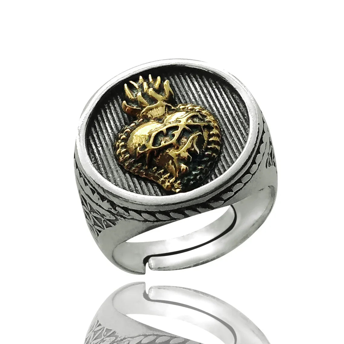 anello in argento 925 nero antico chevalier sigillo cuore sacro ex voto cuore fiammeggiante milagros messicano tipo pietro ferrante nove25 personalizzato regolabile