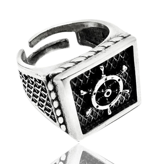 vnox anello uomo vichingo chevalier sigillo timone tema nautico marinaro il signore degli anelli  in argento 925 nero antico