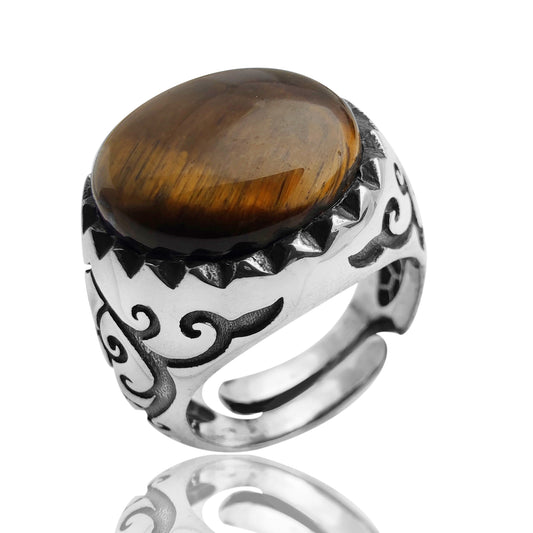 anello sigillo chevalier da uomo argento 925 nero antico regolabile stile rock punk gotico motociclista pietra naturale occhio di tigre