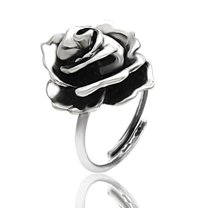 anello donna in  argento nero antico regolabile adjustable a forma di rosa fiore tridimensionale simbolo amore passione romanticismo vendita online gioielli artigianali a prezzo basso in offerta economici