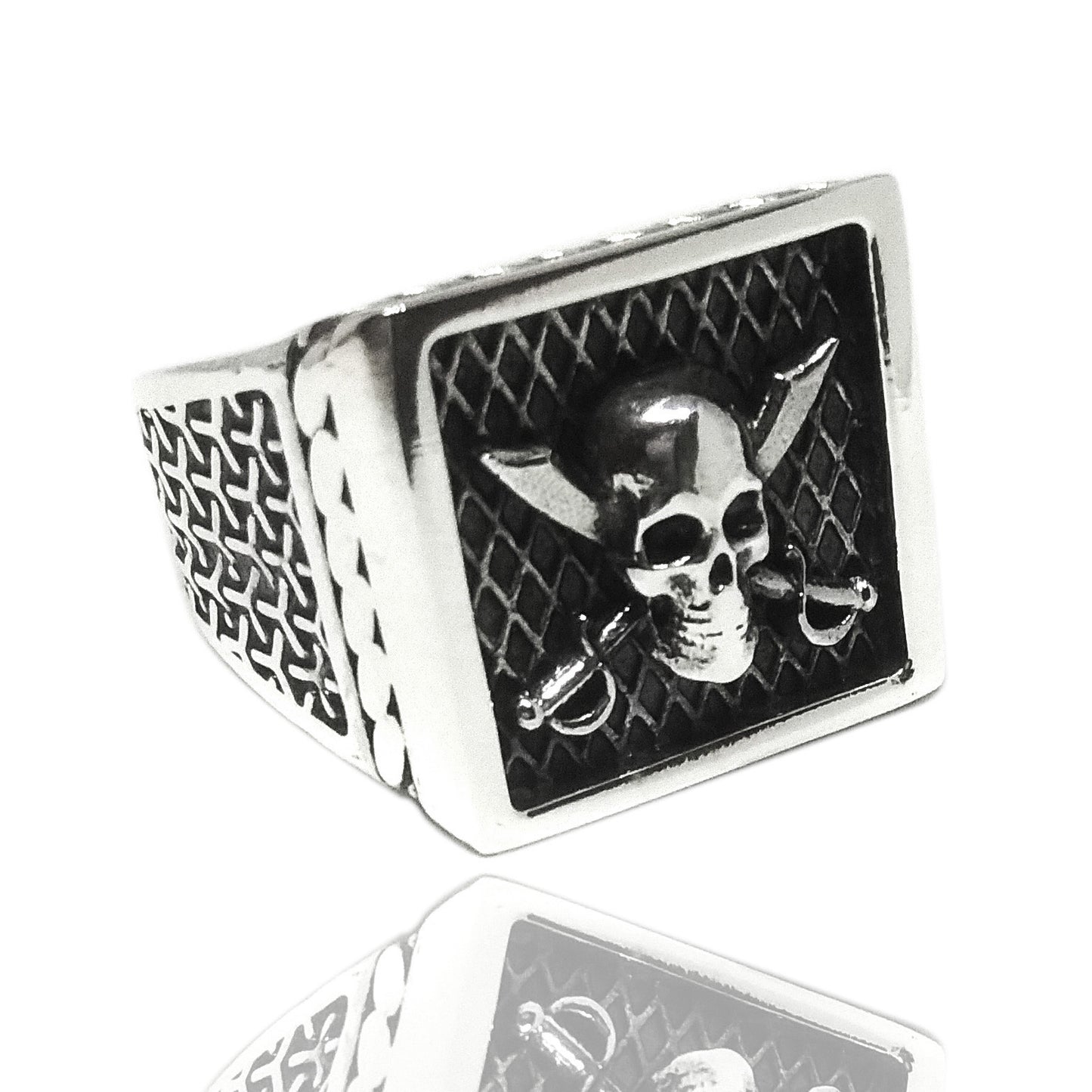 anello tema nautico marinaro pirati dei caraibi jack sparrow con stemma sigillo  teschio con sciabole incrociate in argento 925 nero antico