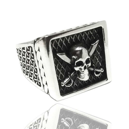 anello tema nautico marinaro pirati dei caraibi jack sparrow con stemma sigillo  teschio con sciabole incrociate in argento 925 nero antico