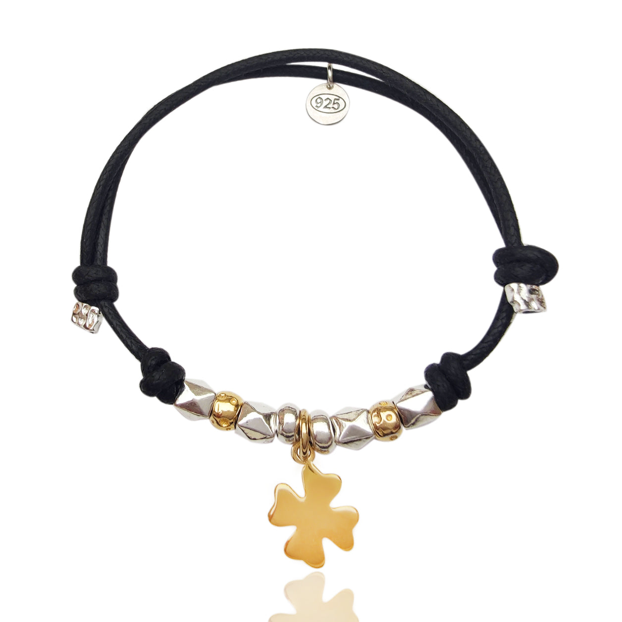 braccialetto per uomo ragazzo  imitazione dodo con cordino nero stud borchie titanio ciondolo quadrifoglio oro prezzo outlet 