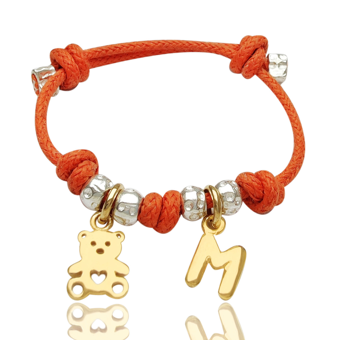 Bracciale cordino colorato con ciondolo orsetto e lettera iniziale in argento - regalo nascita bimbo o bimba