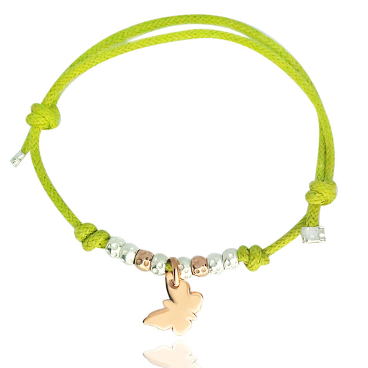 braccialetto con cordino tipo dodo mariani di vari colori verde,rosso,rosa,viola,fucsia,azzurro,con pendente charm ciondolo rosato farfalla prezzo economico in argento 925