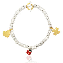 Carica l&#39;immagine nel visualizzatore di Gallery, bracciale imitazione dodo in argento 925 donna uomo con granelli pepite martellate  chiusura a T , con ciondoli charms cuore coccinella smaltata quadrifoglio
