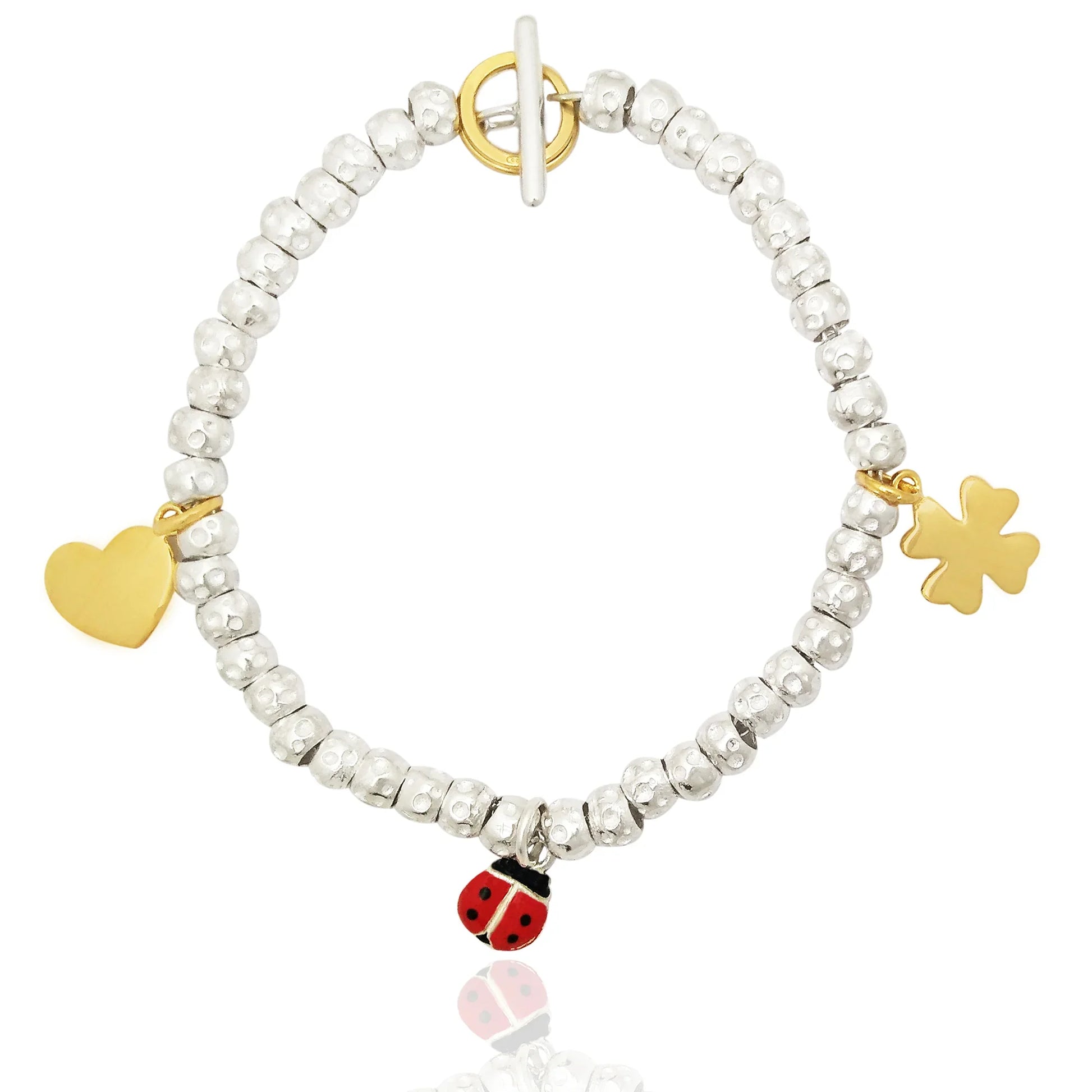 bracciale imitazione dodo in argento 925 donna uomo con granelli pepite martellate  chiusura a T , con ciondoli charms cuore coccinella smaltata quadrifoglio