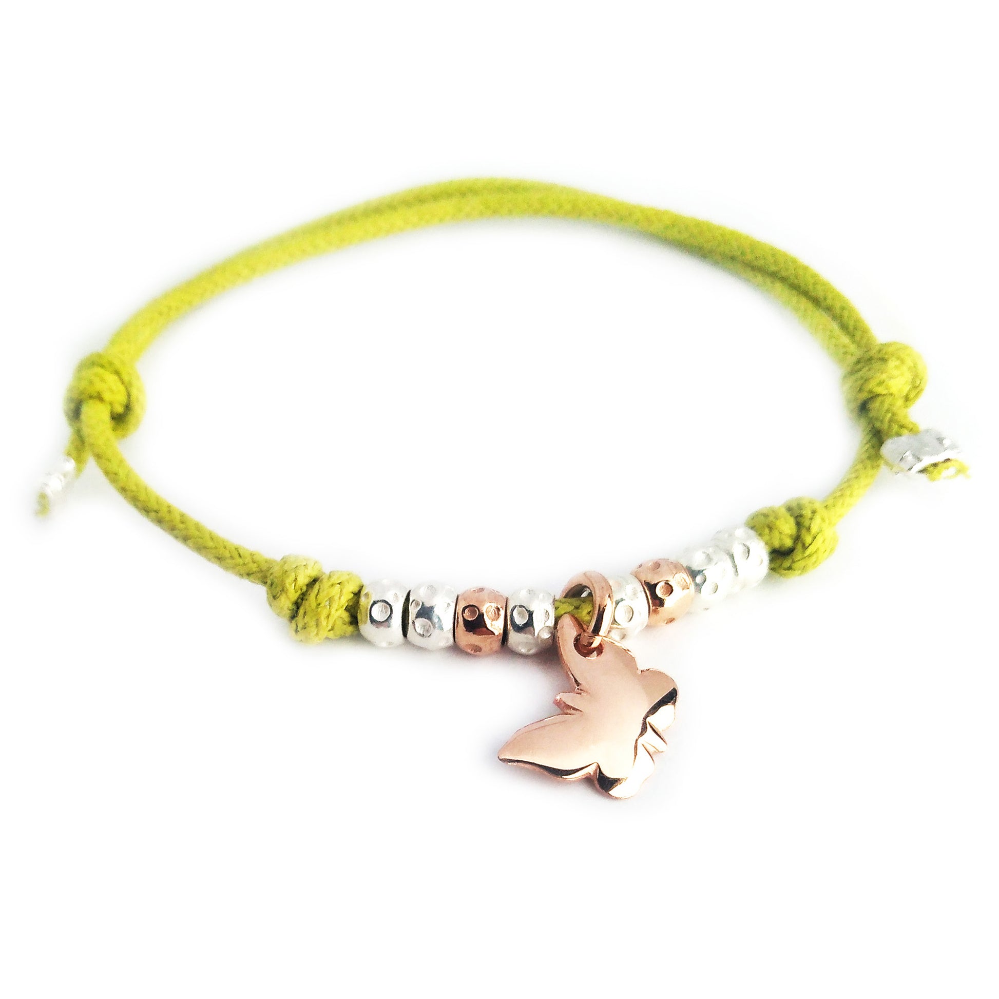 braccialetto con cordino imitazione dodo mariani con ciondolo charm rosato farfalla a prezzo economico in argeto 925 con granelli pepite martellate