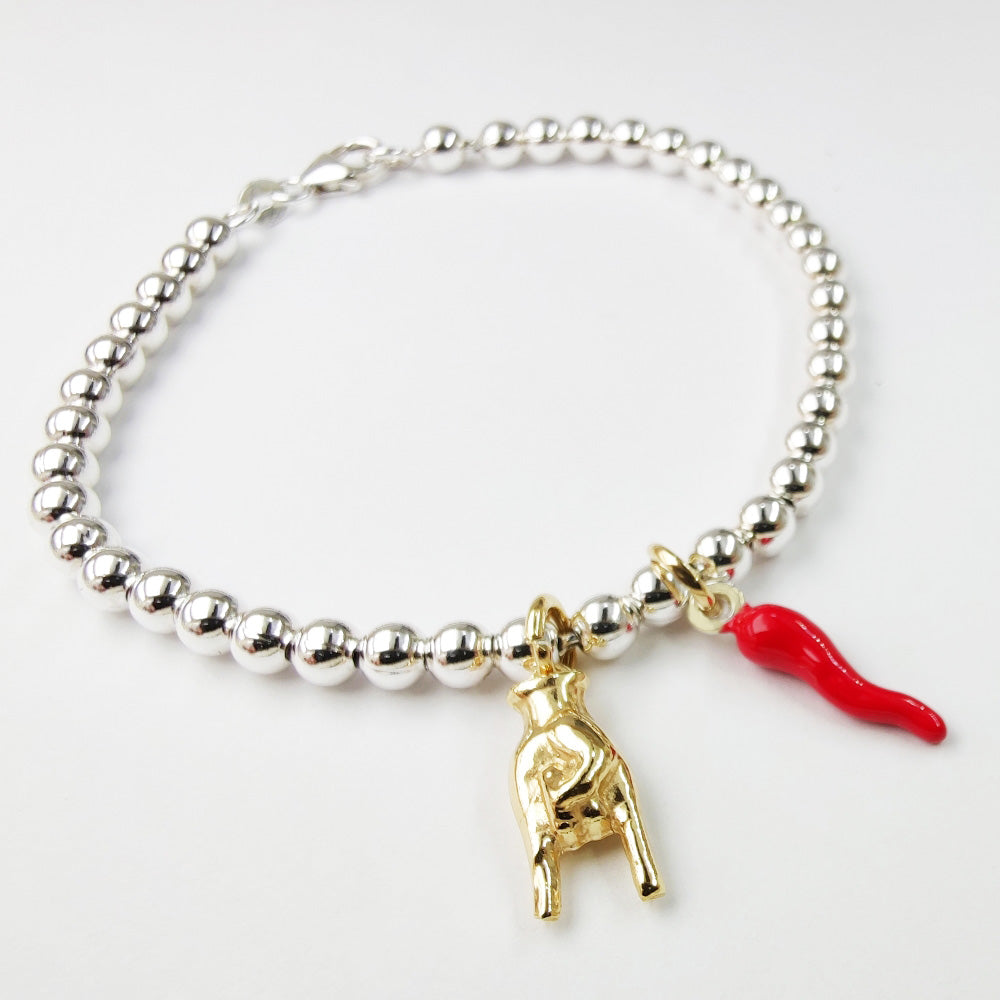 gioiello braccialetto argento 925 con palline sfere . Ciondoli pendenti charms mano che fa le corna cornetto corno cornicello rosso scaramantico contro il malocchio scongiuri napoletano partenopeo