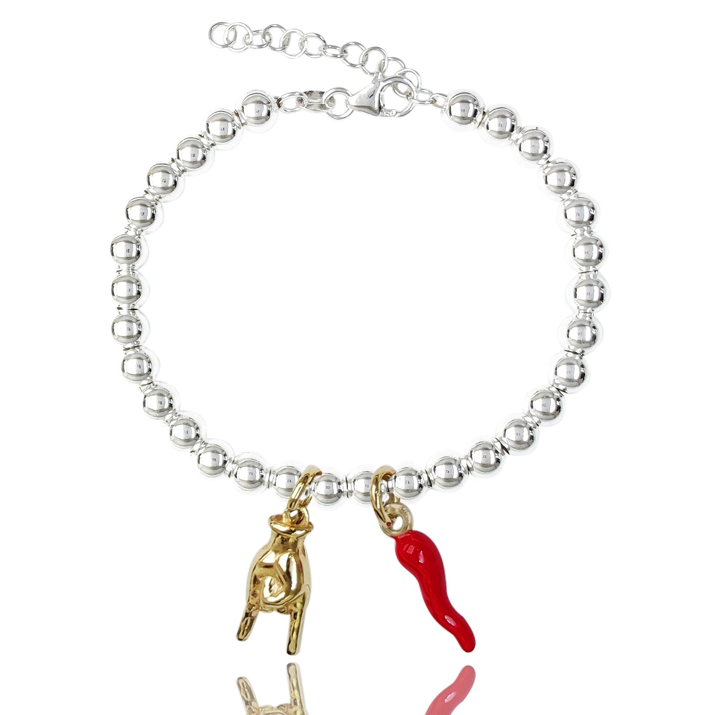bracciale classico con sfere palline in argento vero 925 ciondoli charms pendenti placcati oro giallo mano che fà le corna e corno cornetto napoletano portafortuna contro il malocchio vendita online gioielli artigianali a prezzo basso scontato 