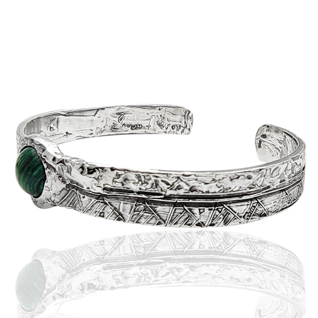 Bracciale rigido uomo in argento 925 con pietra malachite verde | Stile etnico artigianale ViMon Gioielli