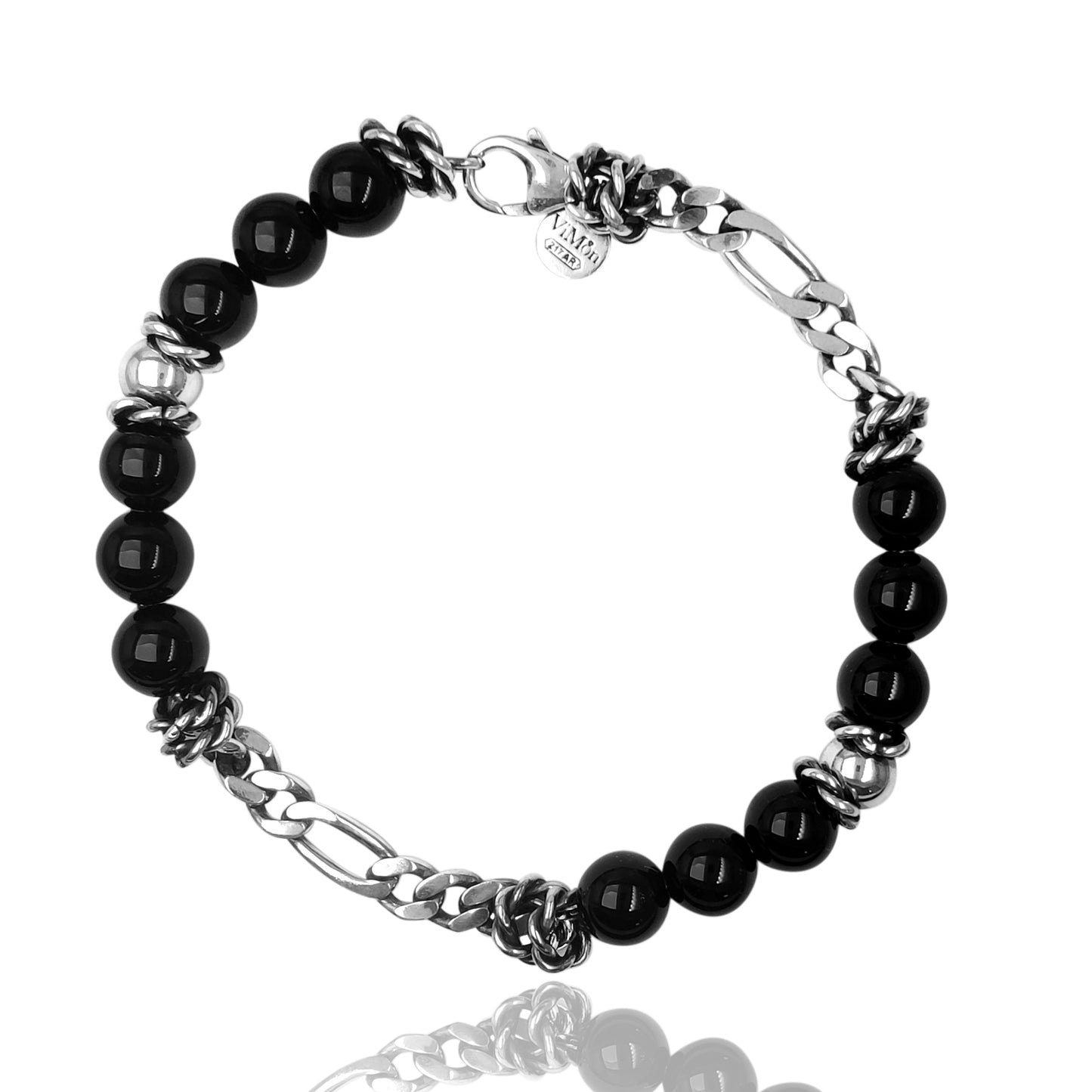 Bracciale uomo in argento 925 con palline nere e catena cubana, realizzato artigianalmente in Italia