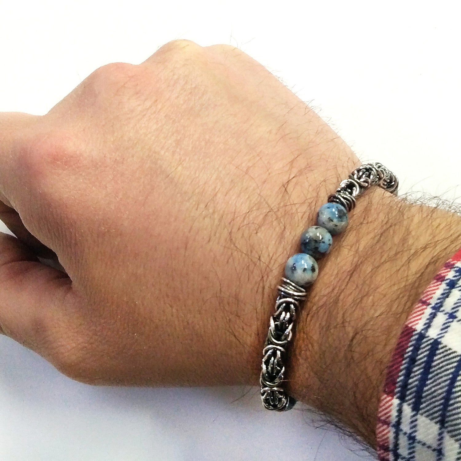 elegante bracciale in argento 925 da uomo catena bizantina palline sfere pietra sodalite vendita online gioielli artigianali prezzo conveniente