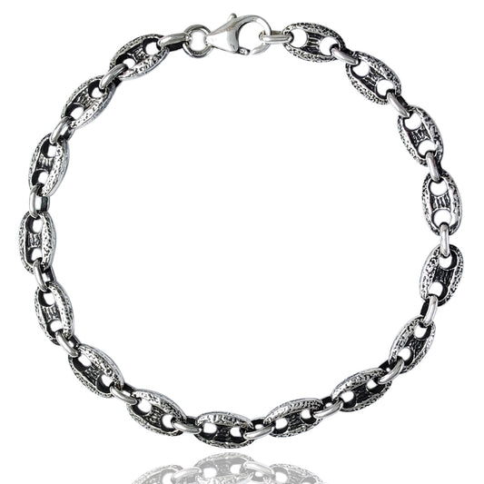 bracciale da ragazzo uomo in argento 925 nero antico con catena maglia marina larga massiccio gioiello artigianale regalo per compleanno festa papà anniversario stile rock motociclista classico elegante vendita online a prezzo basso offerta