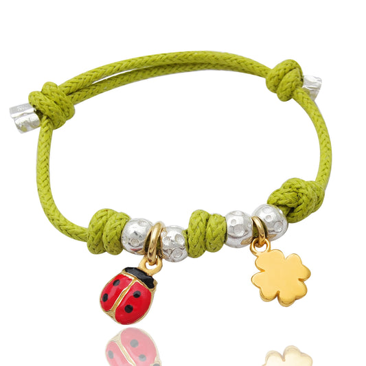 bracciale cordino colorato con ciondolo coccinella e quadrifoglio