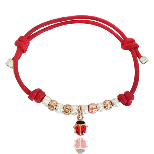braccialetto filo di cotone cerato rosso granelli pepite martellate argento charm ciondolo rosato coccinella porta fortuna regalo battesimo neonato prezzo basso