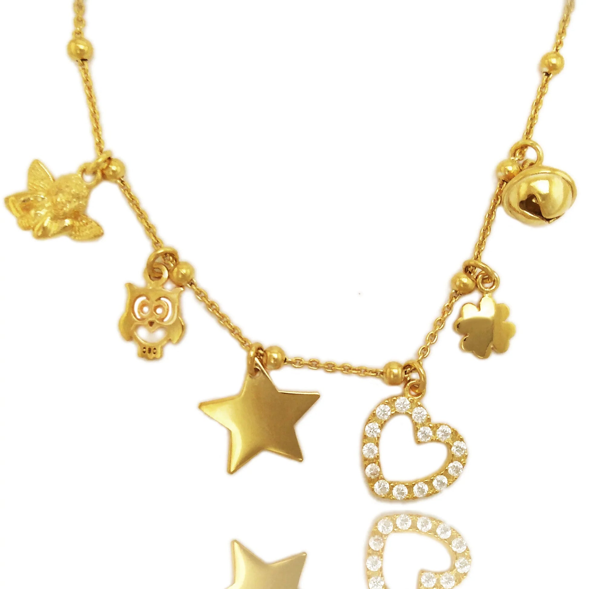 collana a girocollo in argento 925 placcato oro giallo catenina alternata da palline con ciondoli charms pendenti angelo puttino gufetto stella cuore con zirconi quadrifoglio portafortuna campanellino gatto