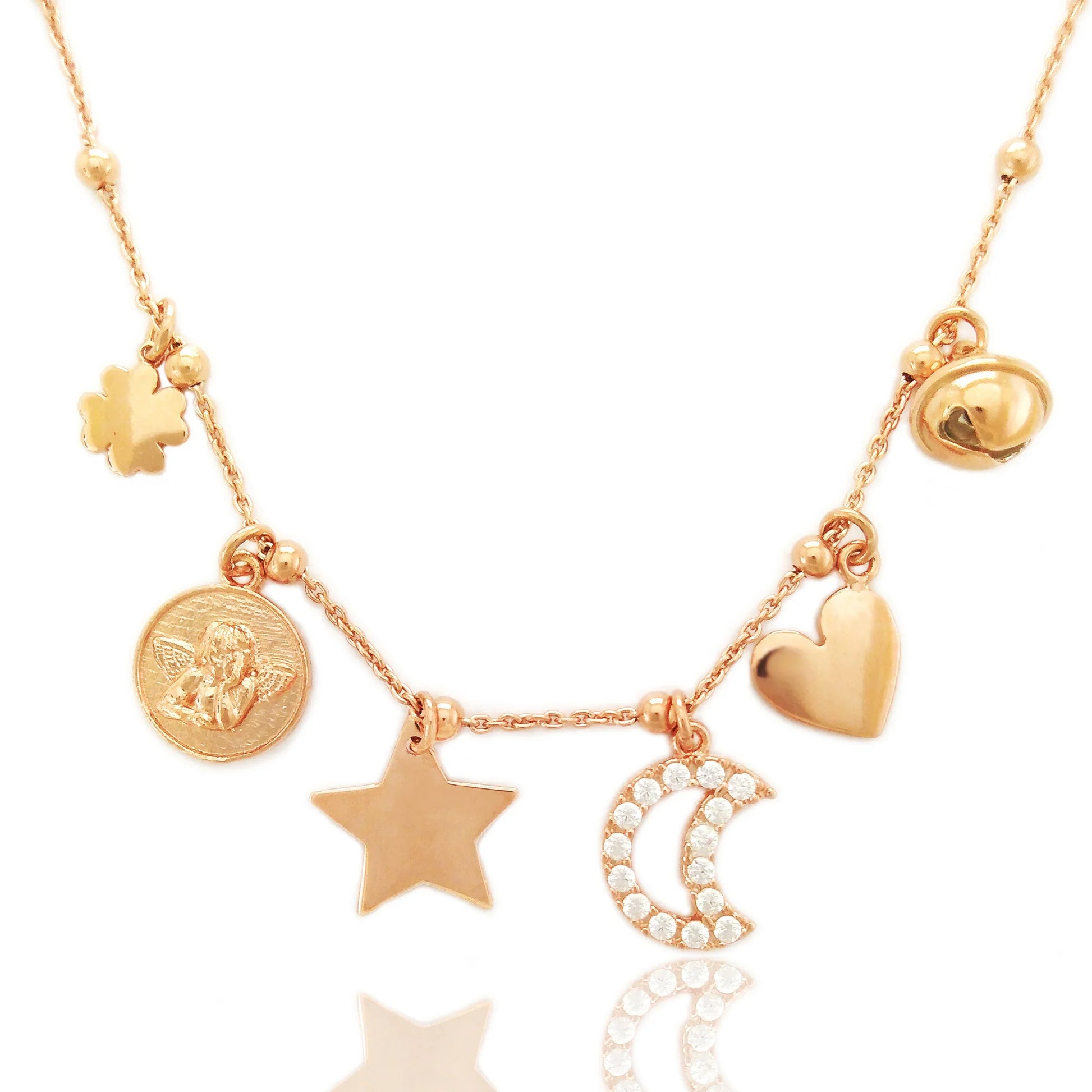 girocollo collanina in argento 925 placcato oro rosa con catenina a palline alternate con ciondoli charms pendenti quadrifoglio medaglietta angioletto stella luna cuore campanellino gatto