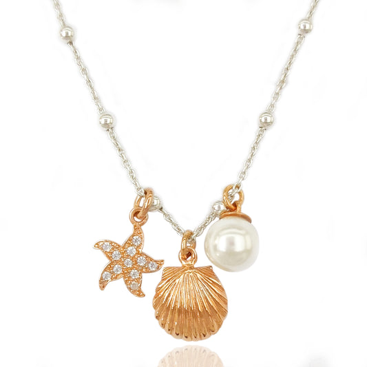collanina mare spiaggia con ciondoli tipo simil dodo stella marina zirconi conchiglia con perla del mare