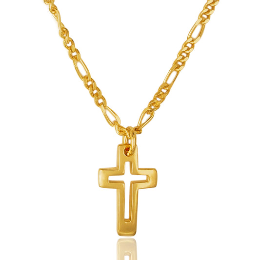 Pendente a croce in argento 925 placcato oro, con catena a maglie grumetta alternata