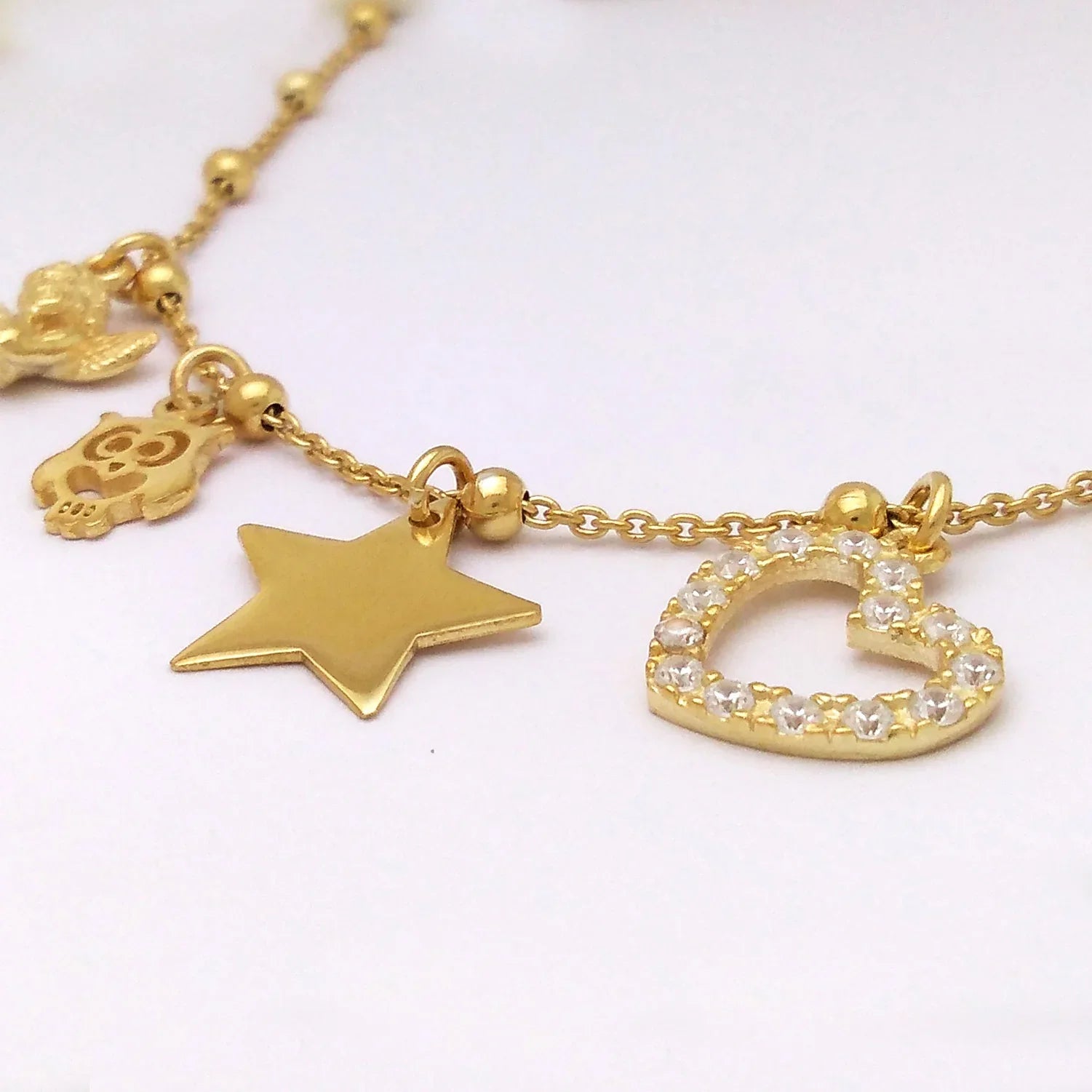 idea regalo natale 2020 compleanno san valentino collana in argento placcato oro 18 kt con ciondoli vari cuore con zirconi stellina gufetto 