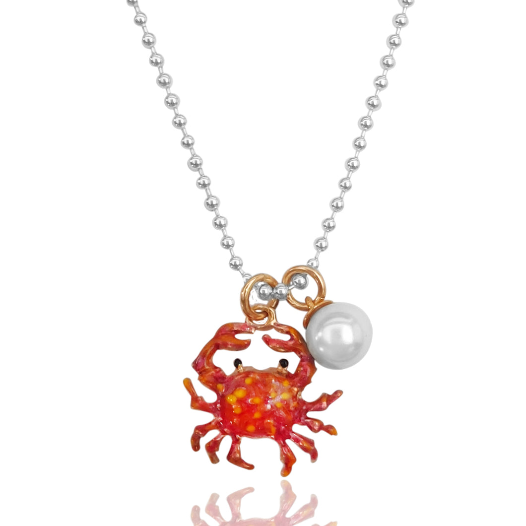 collana catena a palline sfere ciondolo charms tipo simil dodo pomellato granchio smaltato rosso e perla del mare 