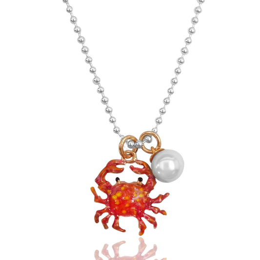 collana catena a palline sfere ciondolo charms tipo simil dodo pomellato granchio smaltato rosso e perla del mare
