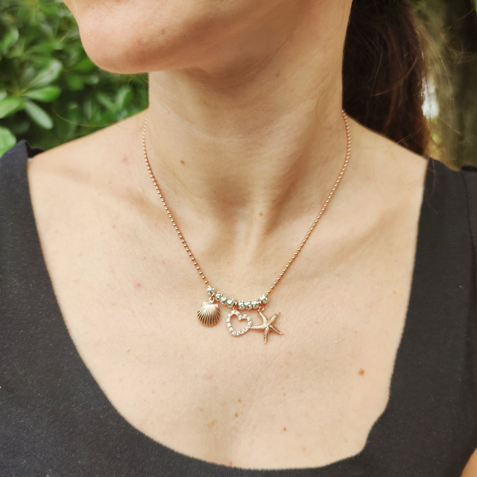 collana girocollo collanina palline bollicine granelli tipo simil dodo ciondolo charm pendente tema marino spiaggia vacanze conchiglia cuore stella marina
