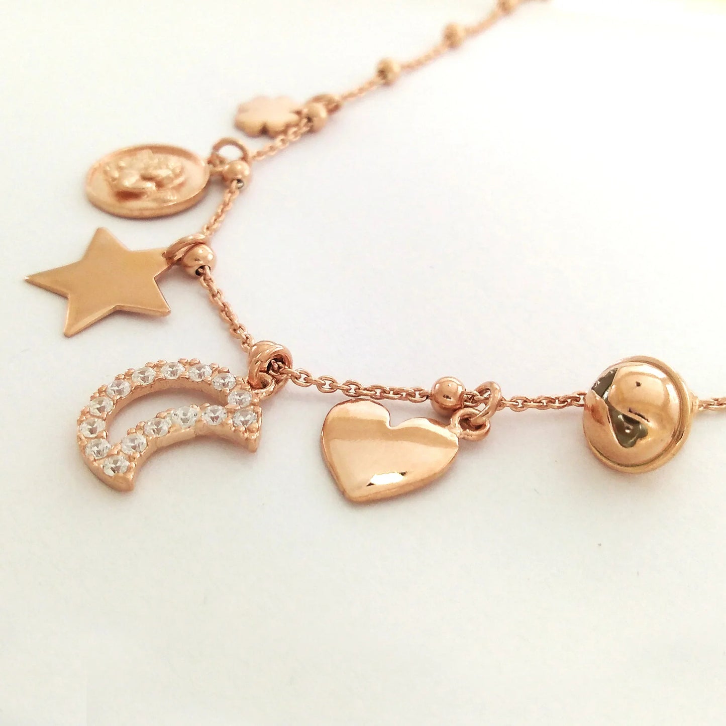 catenina con palline alternate ciondoli pendenti in argento placcato oro rosa campanello gatto cuoricino luna con zirconi stellina medaglia angelo puttino quadrifoglio portafortuna